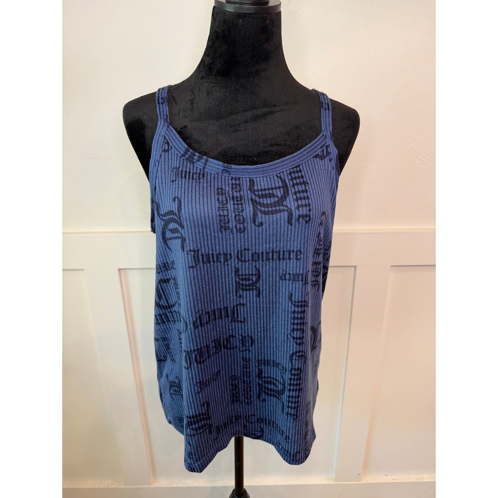 Juicy‎ Couture Womens XL Blue Ribbed Cami Tank Top Sleepwear Graphic Lounge Y2K